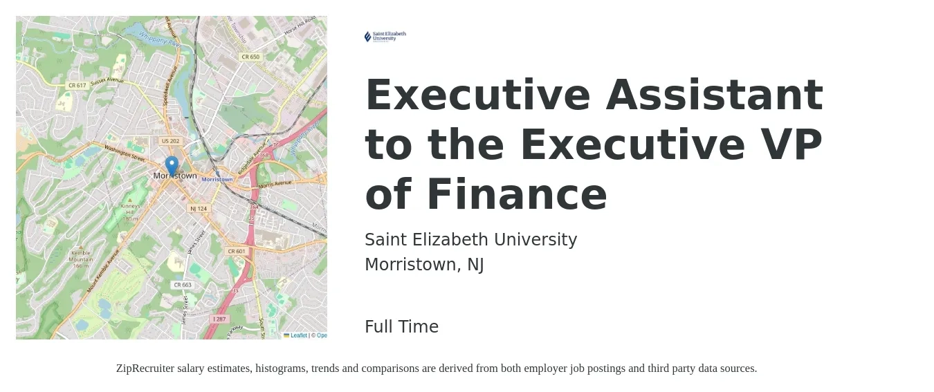 Saint Elizabeth University job posting for a Executive Assistant to the Executive VP of Finance in Morristown, NJ with a salary of $51,600 to $77,500 Yearly with a map of Morristown location.