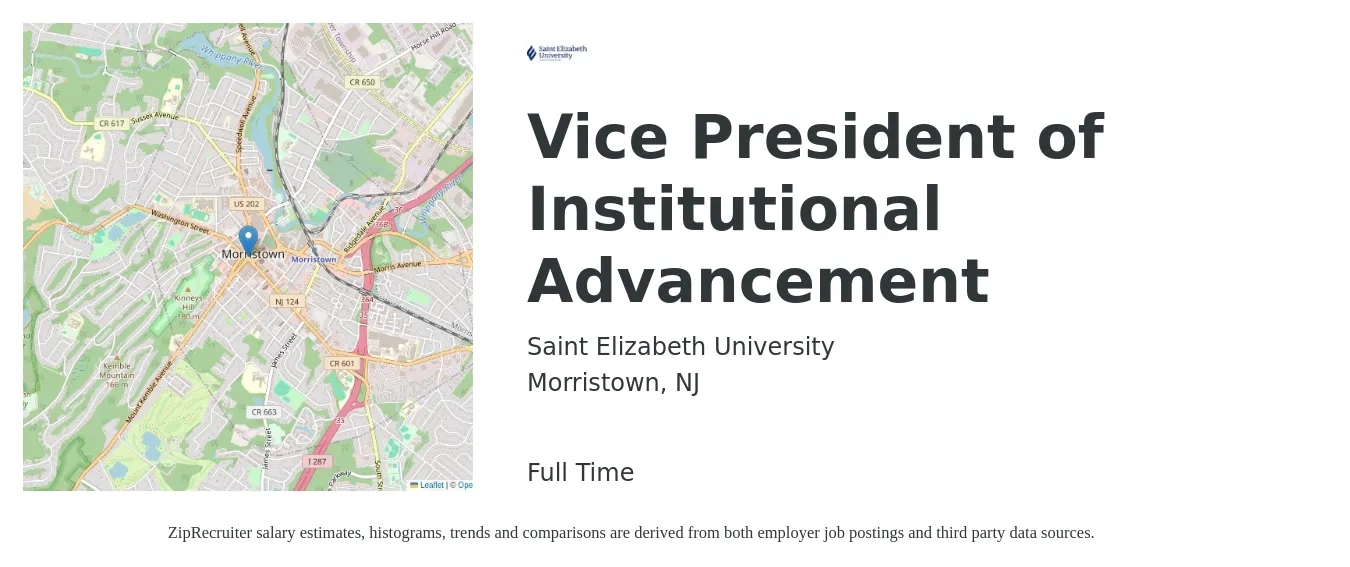 Saint Elizabeth University job posting for a Vice President of Institutional Advancement in Morristown, NJ with a salary of $118,800 to $196,200 Yearly with a map of Morristown location.