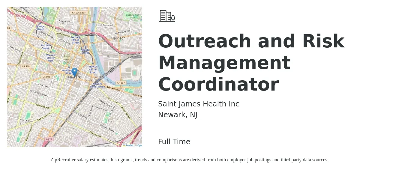 Saint James Health Inc job posting for a Outreach and Risk Management Coordinator in Newark, NJ with a salary of $35 to $38 Hourly with a map of Newark location.