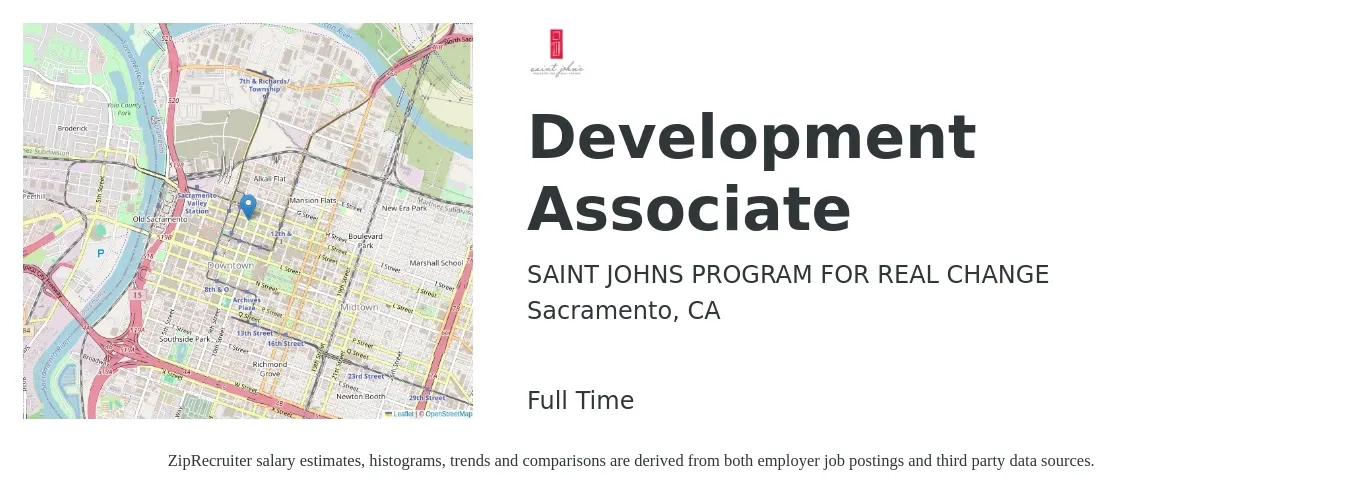 SAINT JOHNS PROGRAM FOR REAL CHANGE job posting for a Development Associate in Sacramento, CA with a salary of $45,300 to $64,000 Yearly with a map of Sacramento location.
