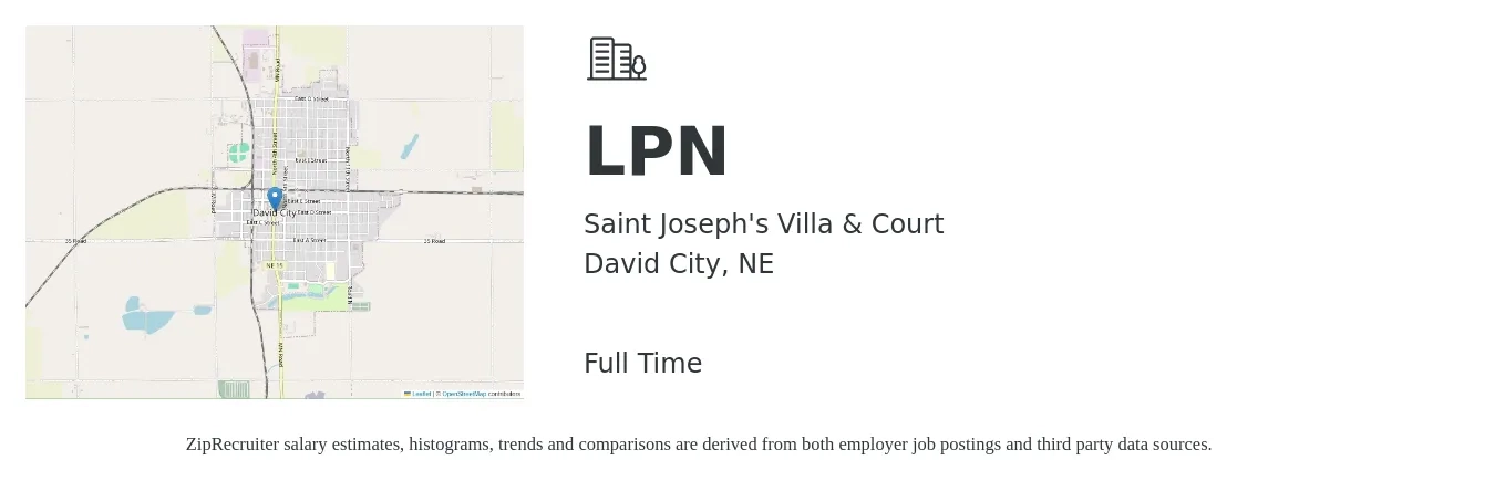 Saint Joseph's Villa & Court job posting for a LPN in David City, NE with a salary of $28 to $37 Hourly with a map of David City location.