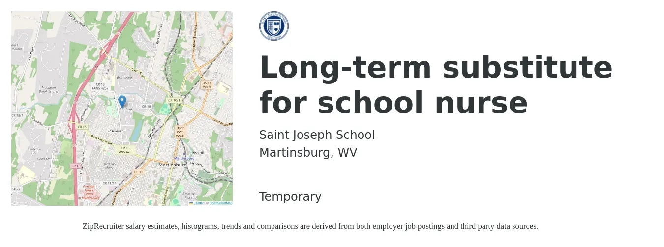 Saint Joseph School job posting for a Long-term substitute for school nurse in Martinsburg, WV with a salary of $16 to $29 Hourly with a map of Martinsburg location.