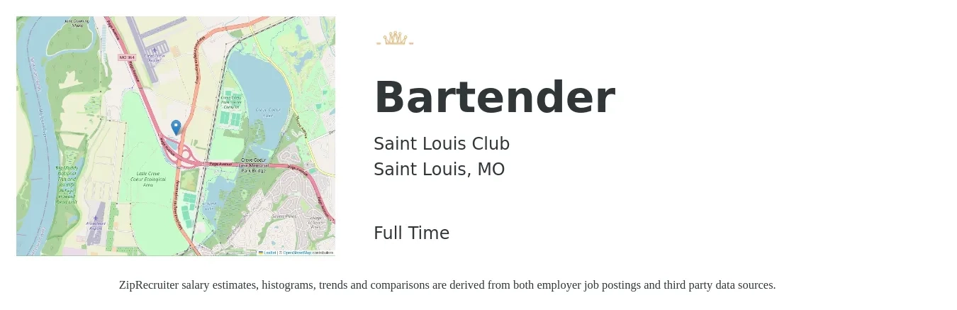 Saint Louis Club job posting for a Bartender in Saint Louis, MO with a salary of $9 to $18 Hourly with a map of Saint Louis location.