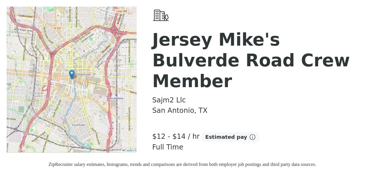 Sajm2 Llc job posting for a Jersey Mike's Bulverde Road Crew Member in San Antonio, TX with a salary of $13 to $15 Hourly with a map of San Antonio location.