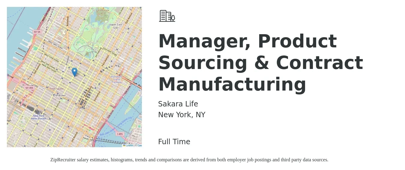 Sakara Life job posting for a Manager, Product Sourcing & Contract Manufacturing in New York, NY with a salary of $122,800 to $183,100 Yearly with a map of New York location.