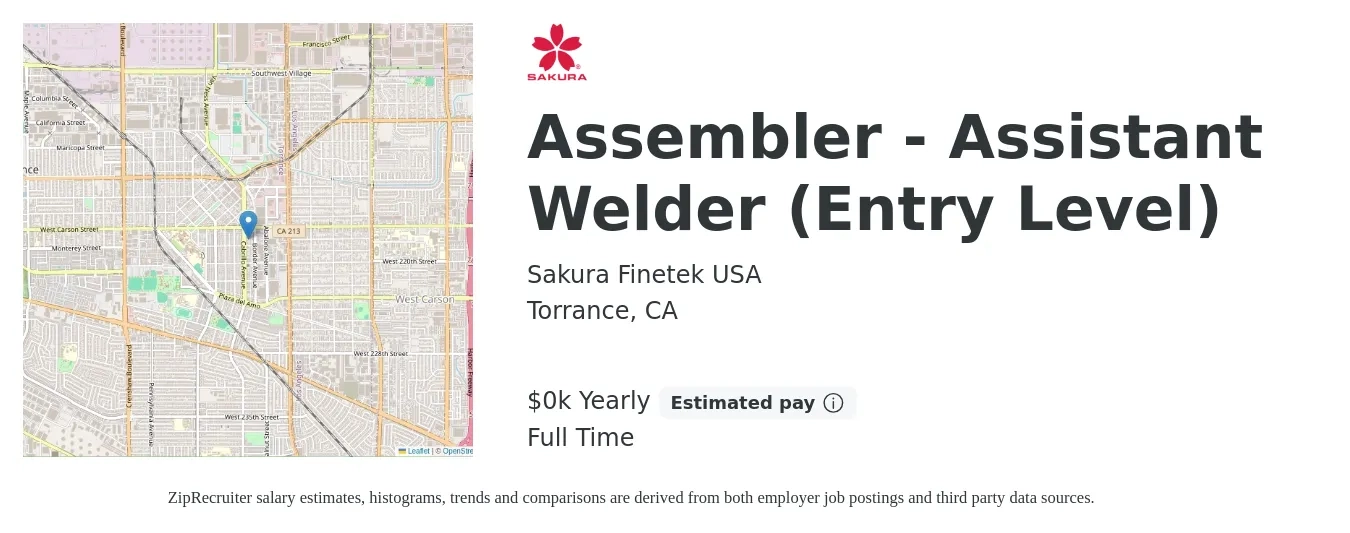 Sakura Finetek USA job posting for a Assembler - Assistant Welder (Entry Level) in Torrance, CA with a salary of $22 Yearly with a map of Torrance location.