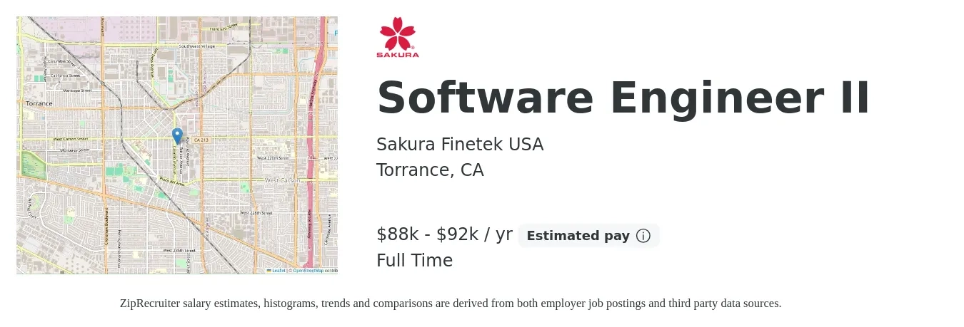 Sakura Finetek USA job posting for a Software Engineer II in Torrance, CA with a salary of $88,000 to $92,000 Yearly with a map of Torrance location.