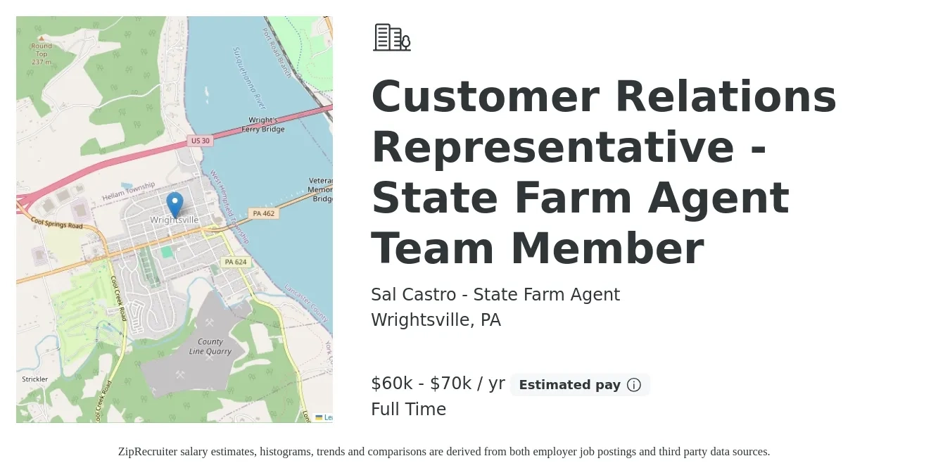 Sal Castro - State Farm Agent job posting for a Customer Relations Representative - State Farm Agent Team Member in Wrightsville, PA with a salary of $60,000 to $70,000 Yearly with a map of Wrightsville location.
