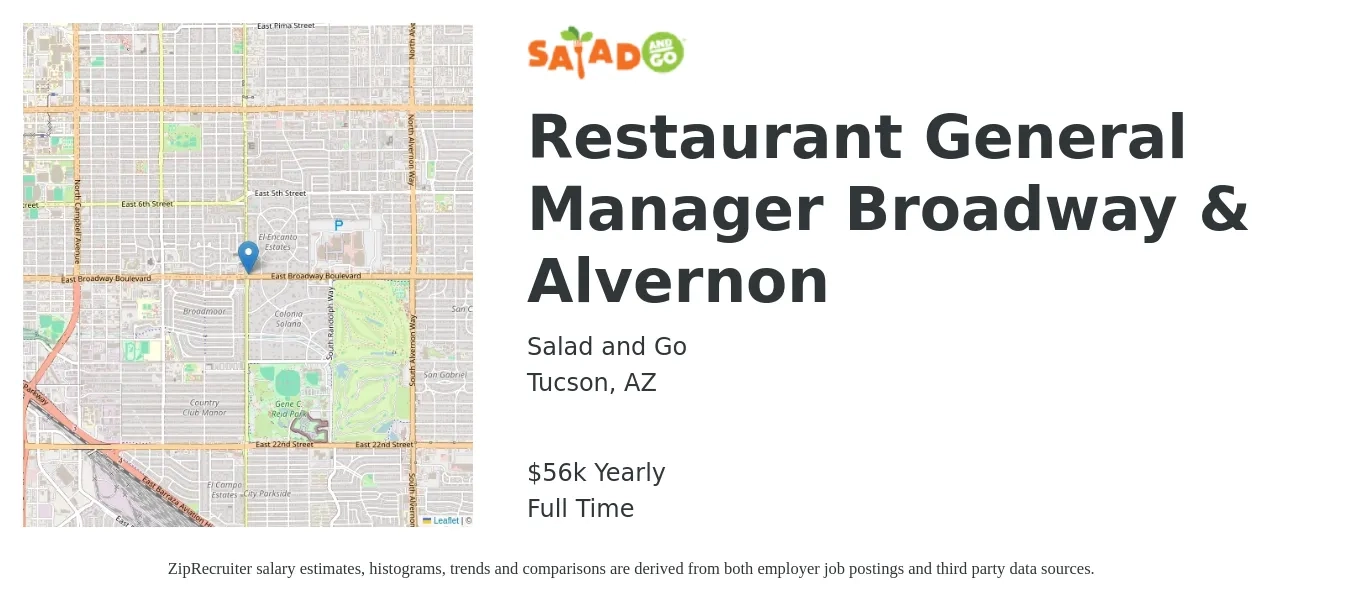 Salad and Go job posting for a Restaurant General Manager Broadway & Alvernon in Tucson, AZ with a salary of $56,000 Yearly with a map of Tucson location.