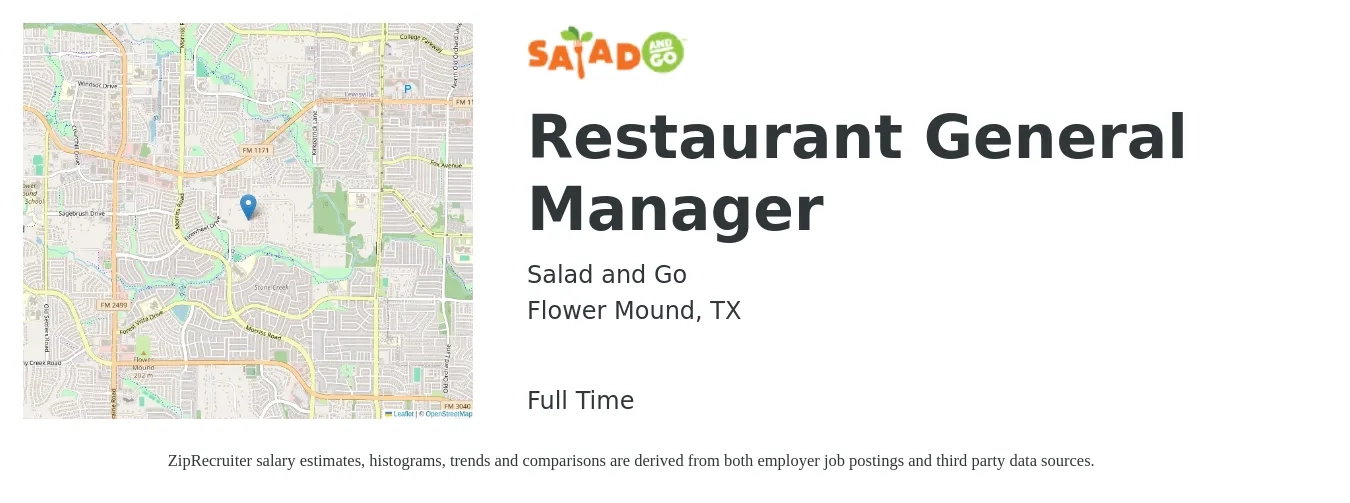 Salad and Go job posting for a Restaurant General Manager in Flower Mound, TX with a salary of $56,000 to $64,000 Yearly with a map of Flower Mound location.