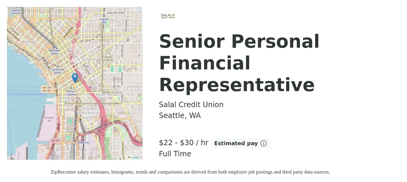 Salal Credit Union job posting for a Senior Personal Financial Representative in Seattle, WA with a salary of $23 to $32 Hourly with a map of Seattle location.