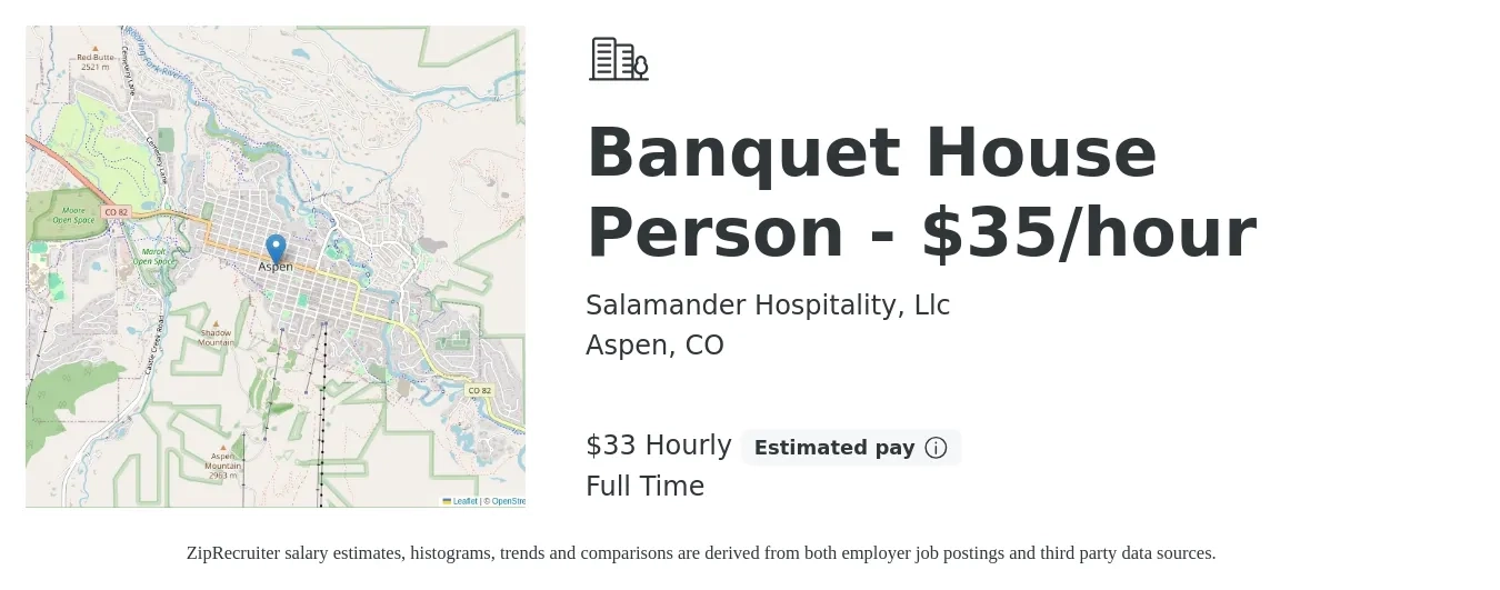 Salamander Hospitality, Llc job posting for a Banquet House Person - $35/hour in Aspen, CO with a salary of $35 Hourly with a map of Aspen location.