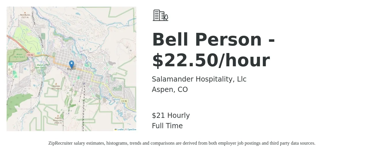 Salamander Hospitality, Llc job posting for a Bell Person - $22.50/hour in Aspen, CO with a salary of $22 Hourly with a map of Aspen location.