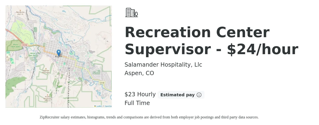 Salamander Hospitality, Llc job posting for a Recreation Center Supervisor - $24/hour in Aspen, CO with a salary of $24 Hourly with a map of Aspen location.