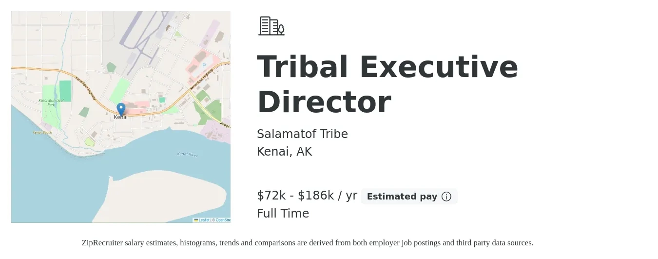 Salamatof Tribe job posting for a Tribal Executive Director in Kenai, AK with a salary of $72,648 to $186,300 Yearly and benefits including pto with a map of Kenai location.