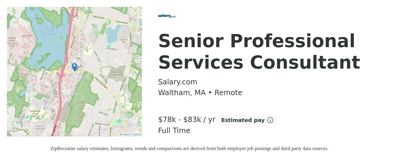 Salary.com job posting for a Senior Professional Services Consultant in Waltham, MA with a salary of $78,000 to $83,000 Yearly with a map of Waltham location.
