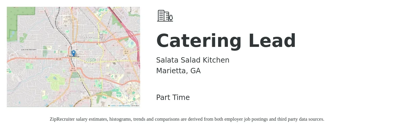 Salata Salad Kitchen job posting for a Catering Lead in Marietta, GA with a salary of $15 to $26 Hourly with a map of Marietta location.