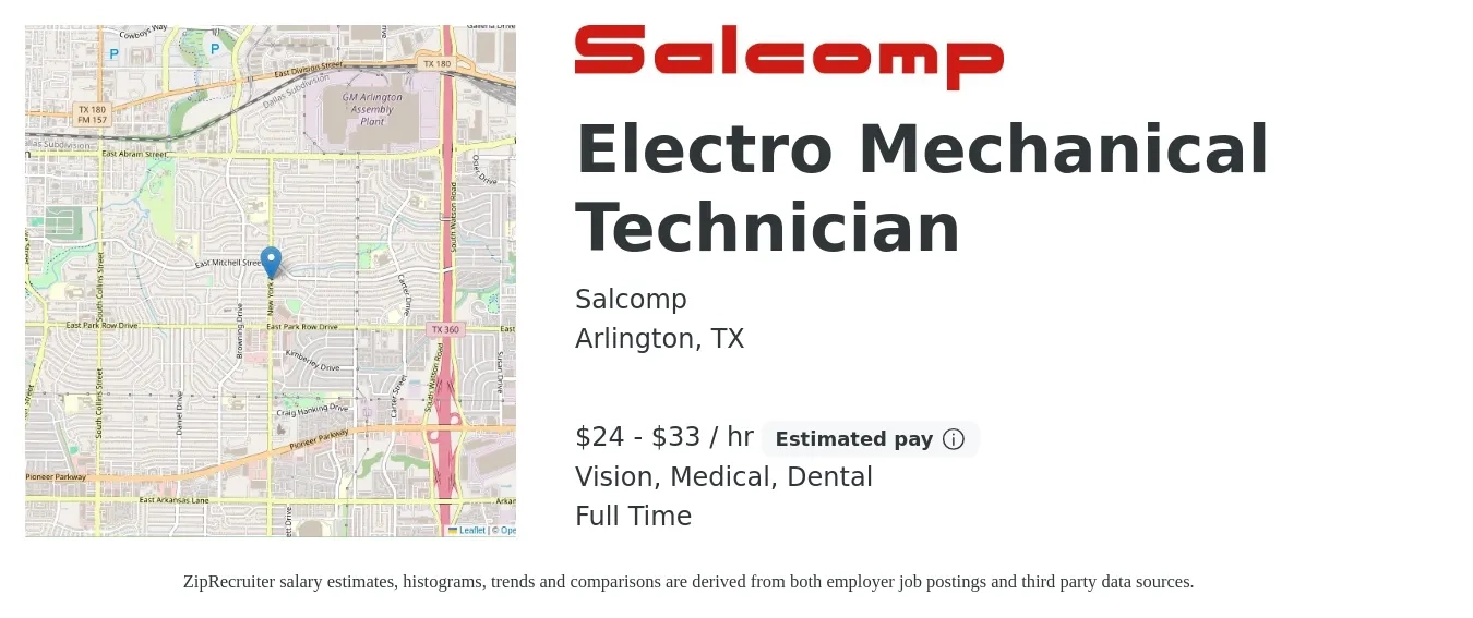 Salcomp job posting for a Electro Mechanical Technician in Arlington, TX with a salary of $25 to $35 Hourly and benefits including medical, retirement, vision, and dental with a map of Arlington location.