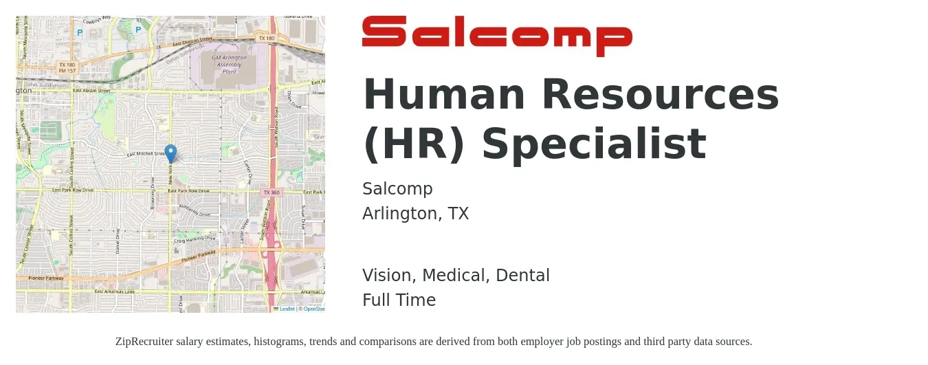 Salcomp job posting for a Human Resources (HR) Specialist in Arlington, TX with a salary of $42,300 to $88,600 Yearly and benefits including retirement, vision, dental, life_insurance, and medical with a map of Arlington location.