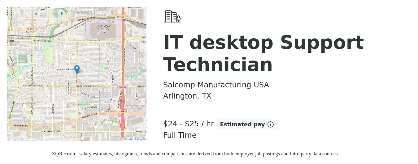Salcomp Manufacturing USA job posting for a IT desktop Support Technician in Arlington, TX with a salary of $25 to $27 Hourly with a map of Arlington location.