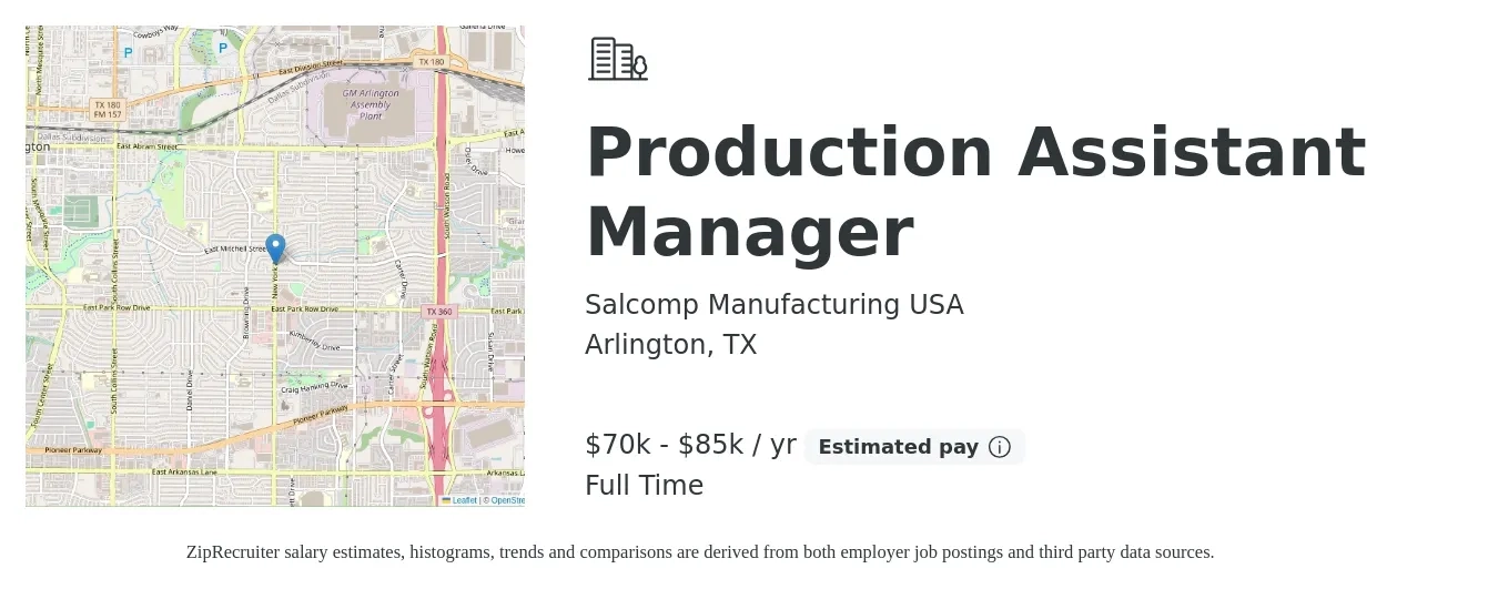 Salcomp Manufacturing USA job posting for a Production Assistant Manager in Arlington, TX with a salary of $70,000 to $85,000 Yearly with a map of Arlington location.