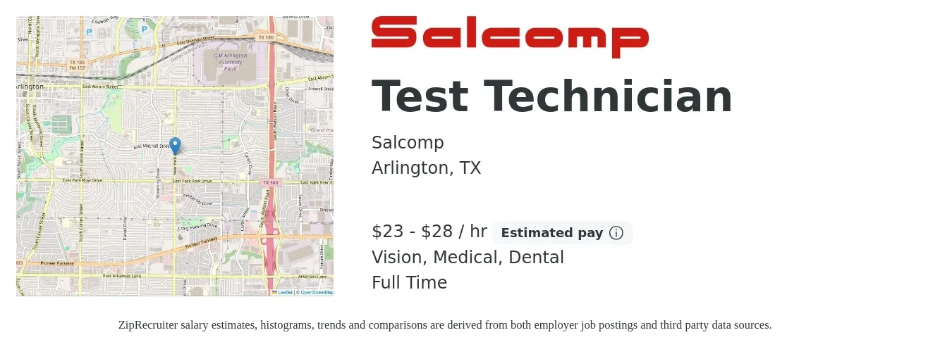 Salcomp job posting for a Test Technician in Arlington, TX with a salary of $24 to $30 Hourly and benefits including medical, retirement, vision, and dental with a map of Arlington location.