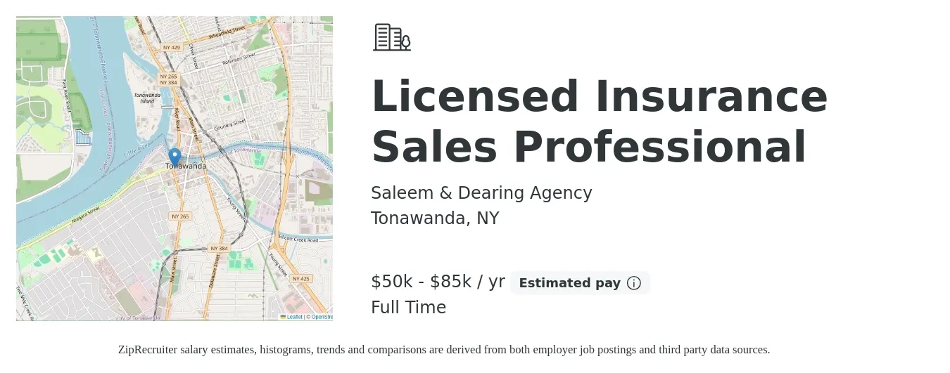 Saleem & Dearing Agency job posting for a Licensed Insurance Sales Professional in Tonawanda, NY with a salary of $50,000 to $85,000 Yearly with a map of Tonawanda location.