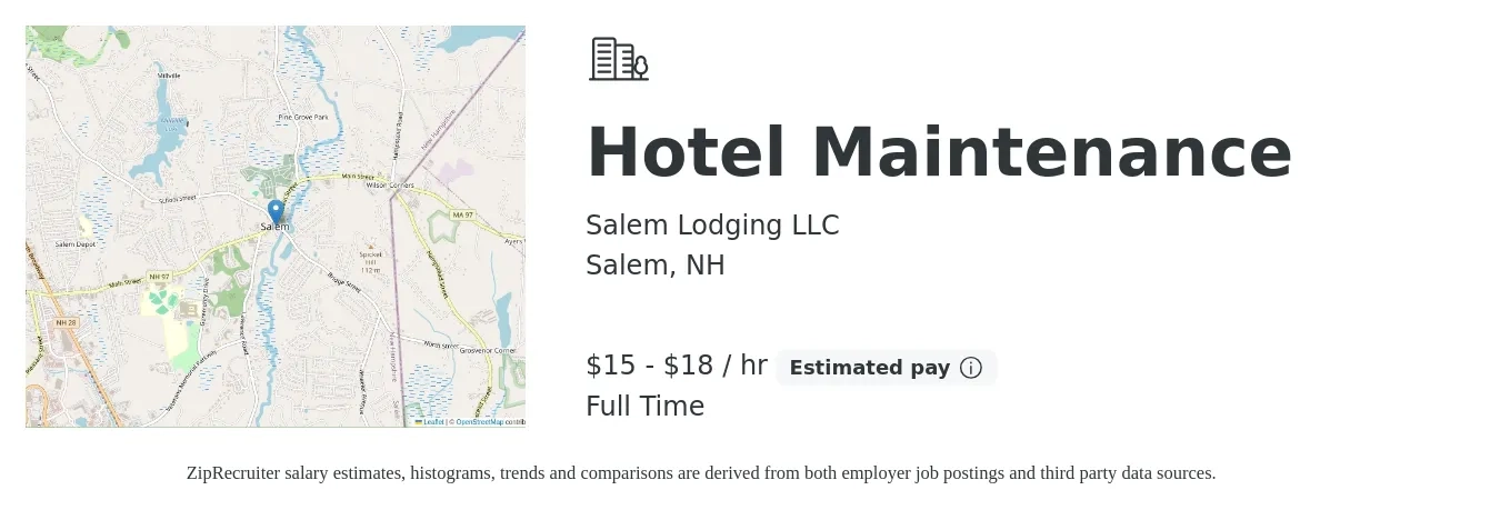 Salem Lodging LLC job posting for a Hotel Maintenance in Salem, NH with a salary of $16 to $19 Hourly with a map of Salem location.