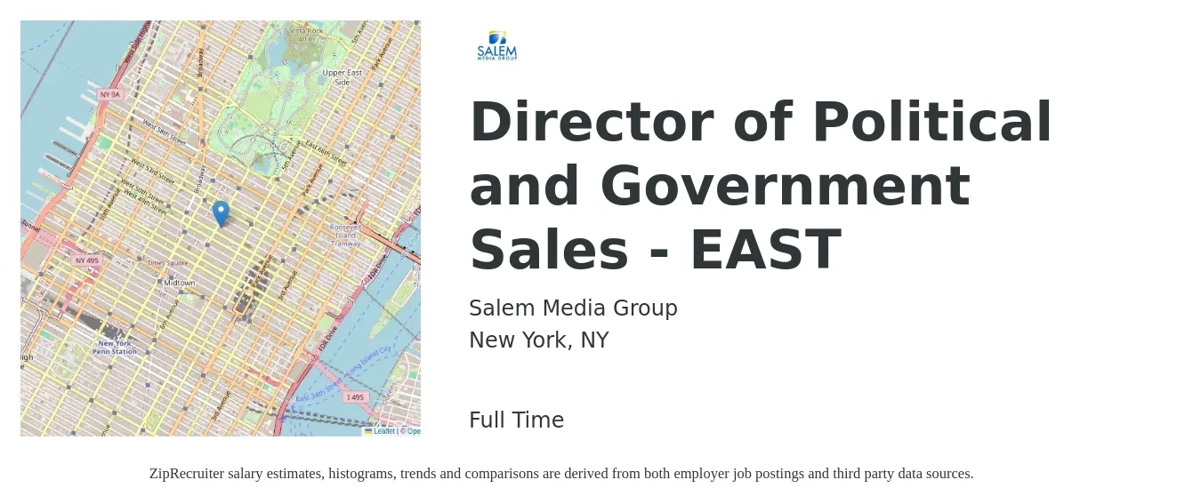 Salem Media Group job posting for a Director of Political and Government Sales - EAST in New York, NY with a salary of $77,100 to $136,800 Yearly with a map of New York location.