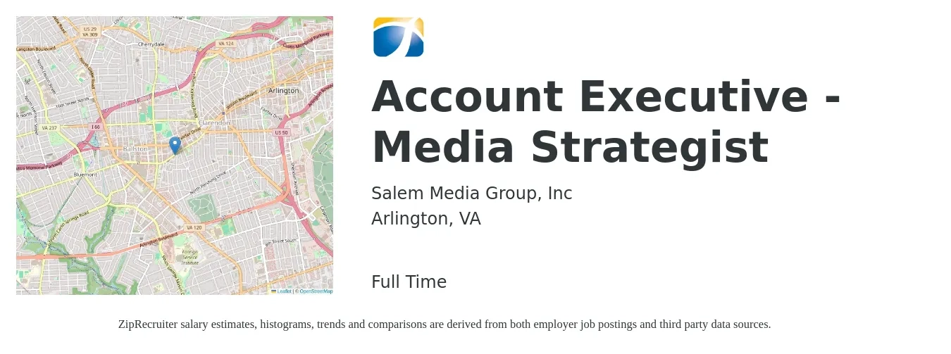 Salem Media Group, Inc job posting for a Account Executive - Media Strategist in Arlington, VA with a salary of $71,400 to $82,800 Yearly with a map of Arlington location.