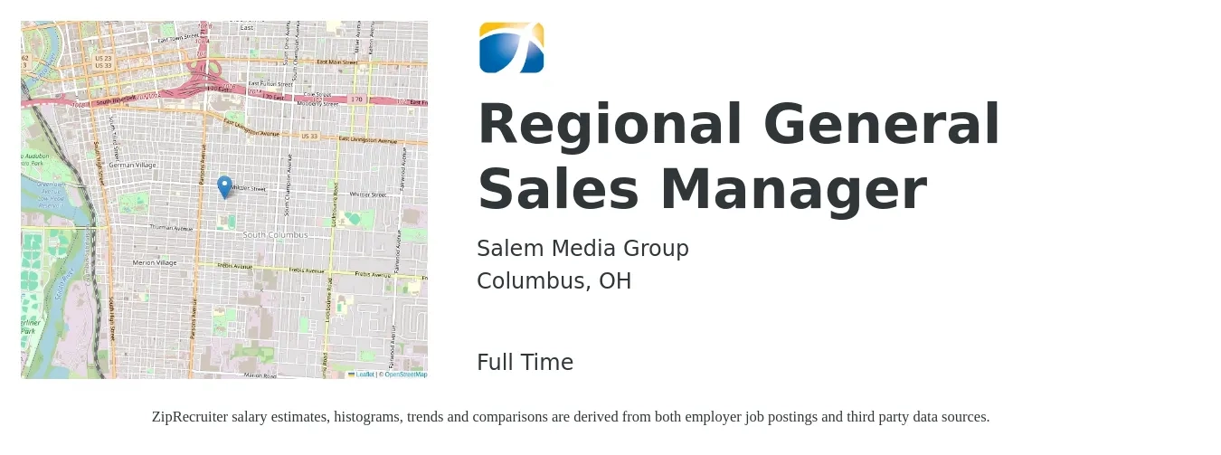 Salem Media Group, Inc job posting for a Regional General Sales Manager in Columbus, OH with a salary of $69,100 to $107,900 Yearly with a map of Columbus location.