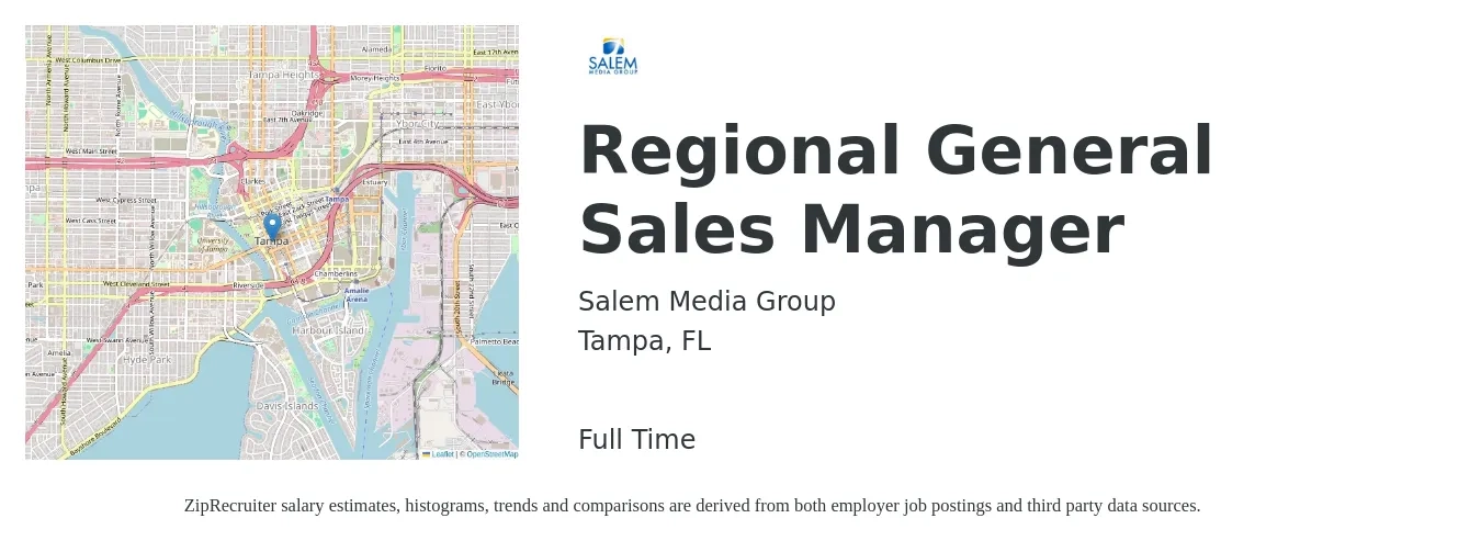 Salem Media Group, Inc job posting for a Regional General Sales Manager in Tampa, FL with a salary of $68,000 to $106,300 Yearly with a map of Tampa location.