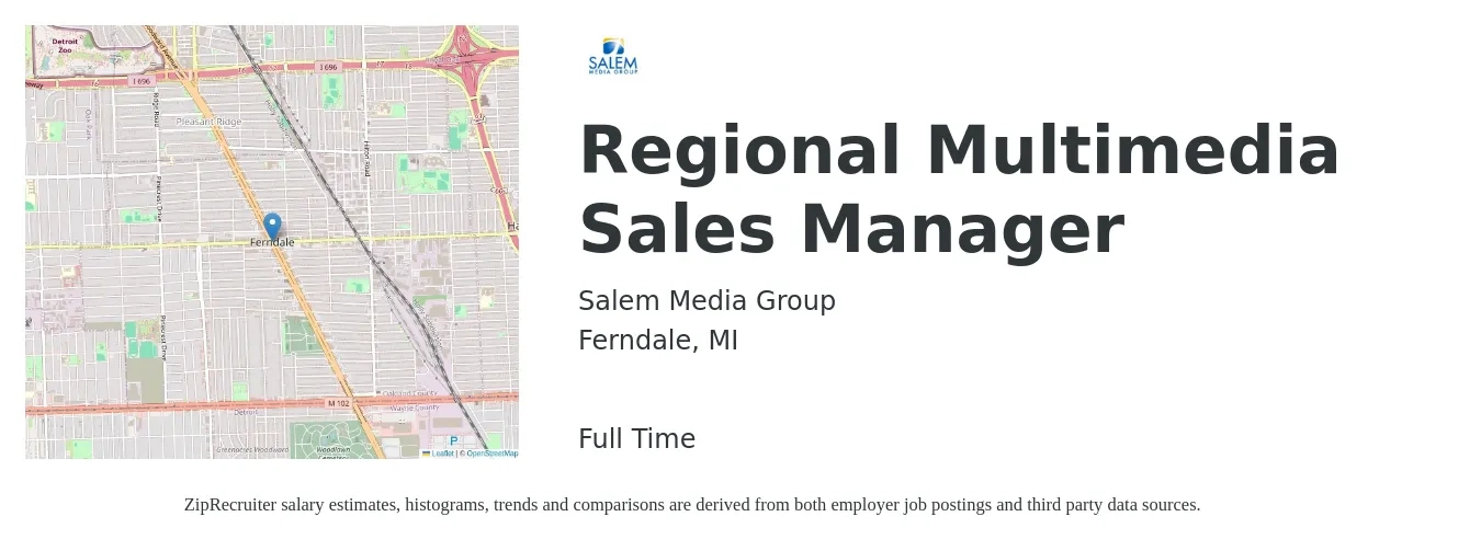 Salem Media Group job posting for a Regional Multimedia Sales Manager in Ferndale, MI with a salary of $67,000 to $104,700 Yearly with a map of Ferndale location.