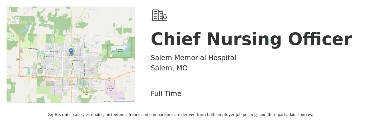 Salem Memorial Hospital job posting for a Chief Nursing Officer in Salem, MO with a salary of $106,300 to $145,900 Yearly with a map of Salem location.
