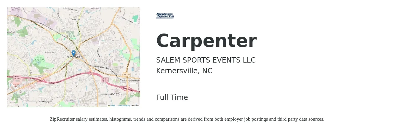 SALEM SPORTS EVENTS LLC job posting for a Carpenter in Kernersville, NC with a salary of $20 to $27 Hourly with a map of Kernersville location.