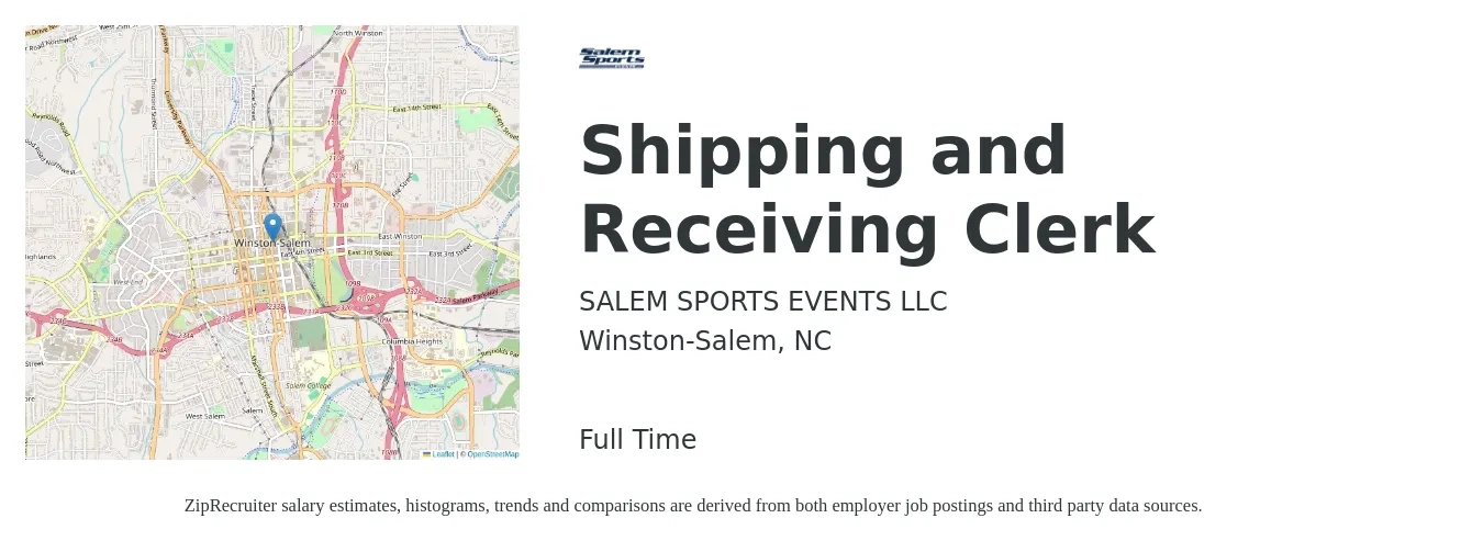 SALEM SPORTS EVENTS LLC job posting for a Shipping and Receiving Clerk in Winston-Salem, NC with a salary of $16 to $18 Hourly with a map of Winston-Salem location.
