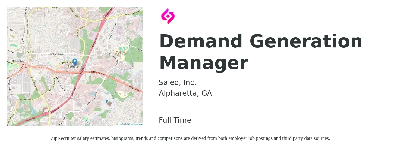 Saleo, Inc. job posting for a Demand Generation Manager in Alpharetta, GA with a salary of $65,900 to $97,600 Yearly with a map of Alpharetta location.