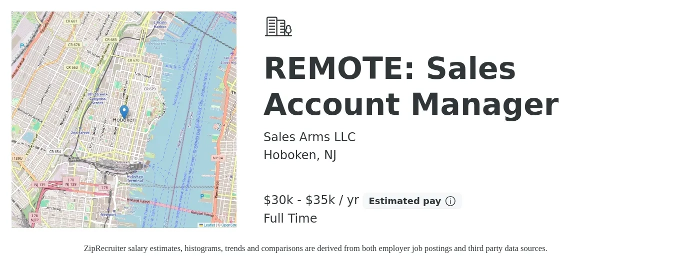 Sales Arms LLC job posting for a REMOTE: Sales Account Manager in Hoboken, NJ with a salary of $30,000 to $35,000 Yearly (plus commission) with a map of Hoboken location.