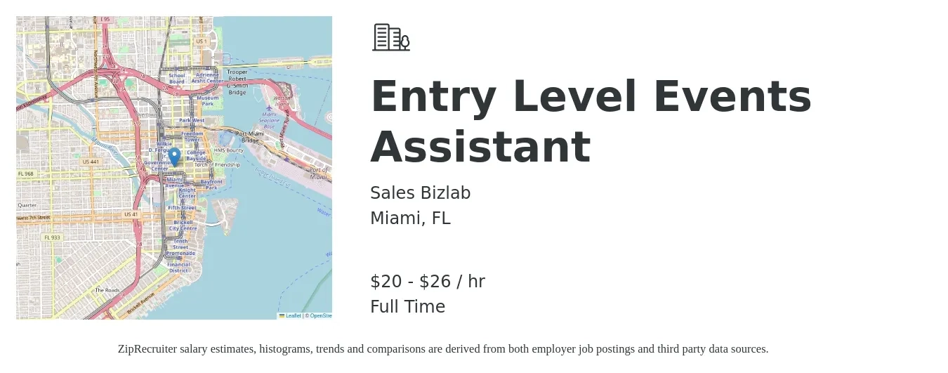 Sales Bizlab job posting for a Entry Level Events Assistant in Miami, FL with a salary of $22 to $28 Hourly with a map of Miami location.