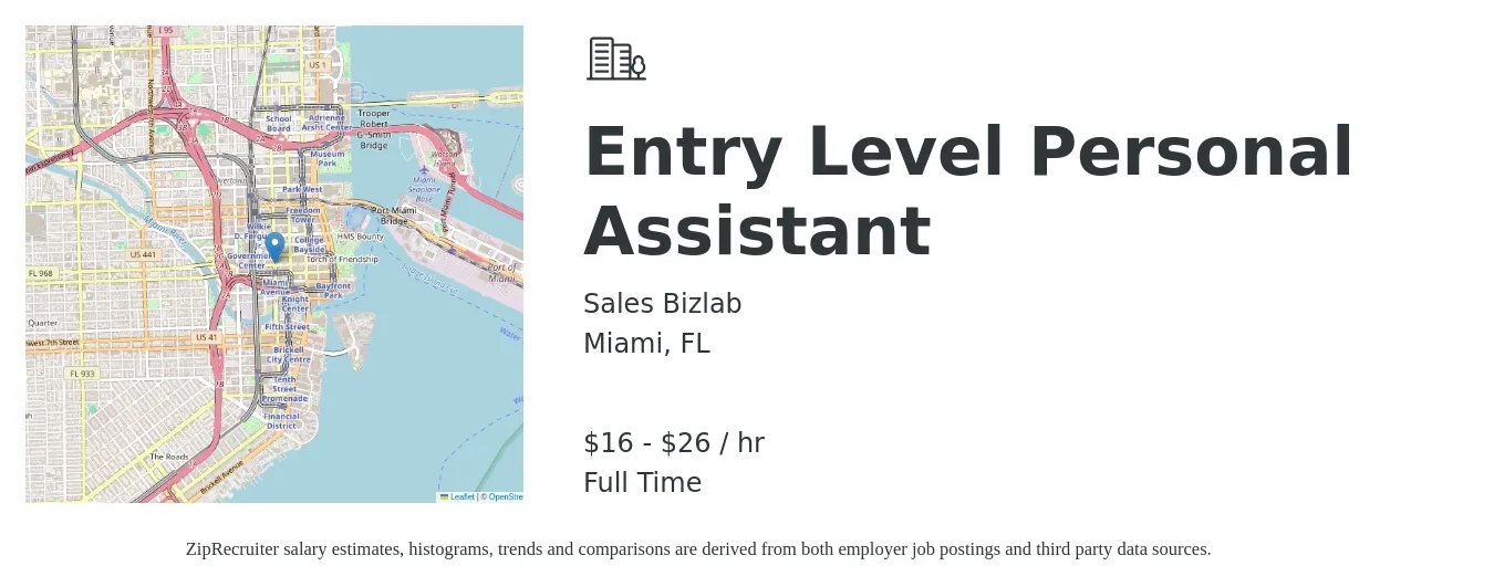 Sales Bizlab job posting for a Entry Level Personal Assistant in Miami, FL with a salary of $18 to $28 Hourly with a map of Miami location.