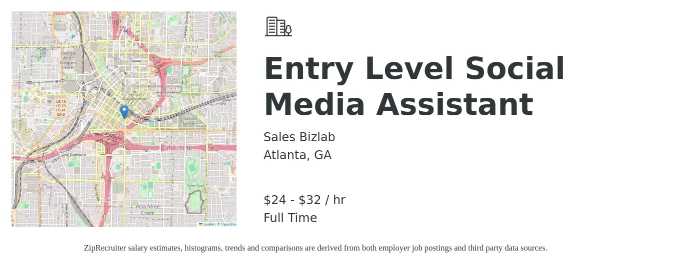 Sales Bizlab job posting for a Entry Level Social Media Assistant in Atlanta, GA with a salary of $26 to $34 Hourly with a map of Atlanta location.