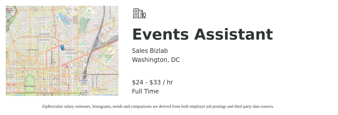Sales Bizlab job posting for a Events Assistant in Washington, DC with a salary of $26 to $35 Hourly with a map of Washington location.