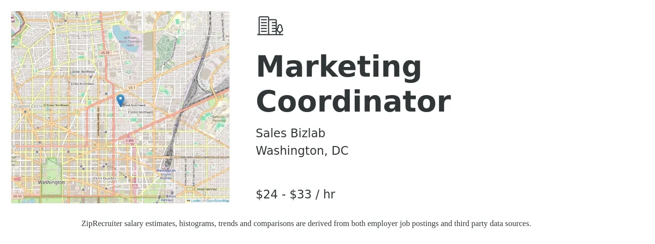 Sales Bizlab job posting for a Marketing Coordinator in Washington, DC with a salary of $26 to $34 Hourly with a map of Washington location.