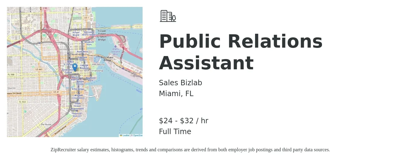 Sales Bizlab job posting for a Public Relations Assistant in Miami, FL with a salary of $26 to $34 Hourly with a map of Miami location.