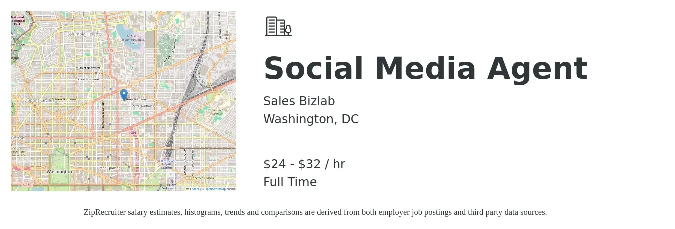 Sales Bizlab job posting for a Social Media Agent in Washington, DC with a salary of $26 to $34 Hourly with a map of Washington location.