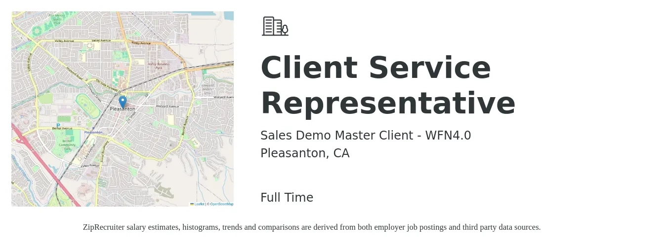 Sales Demo Master Client - WFN4.0 job posting for a Client Service Representative in Pleasanton, CA with a salary of $18 to $24 Hourly with a map of Pleasanton location.