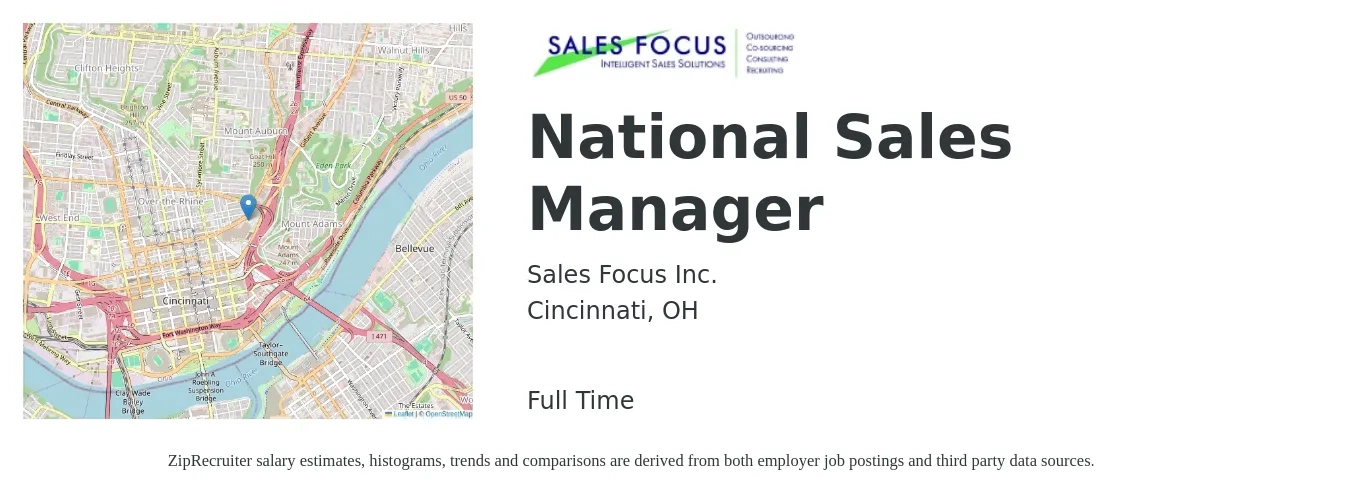 Sales Focus Inc. job posting for a National Sales Manager in Cincinnati, OH with a salary of $80,200 to $112,800 Yearly with a map of Cincinnati location.