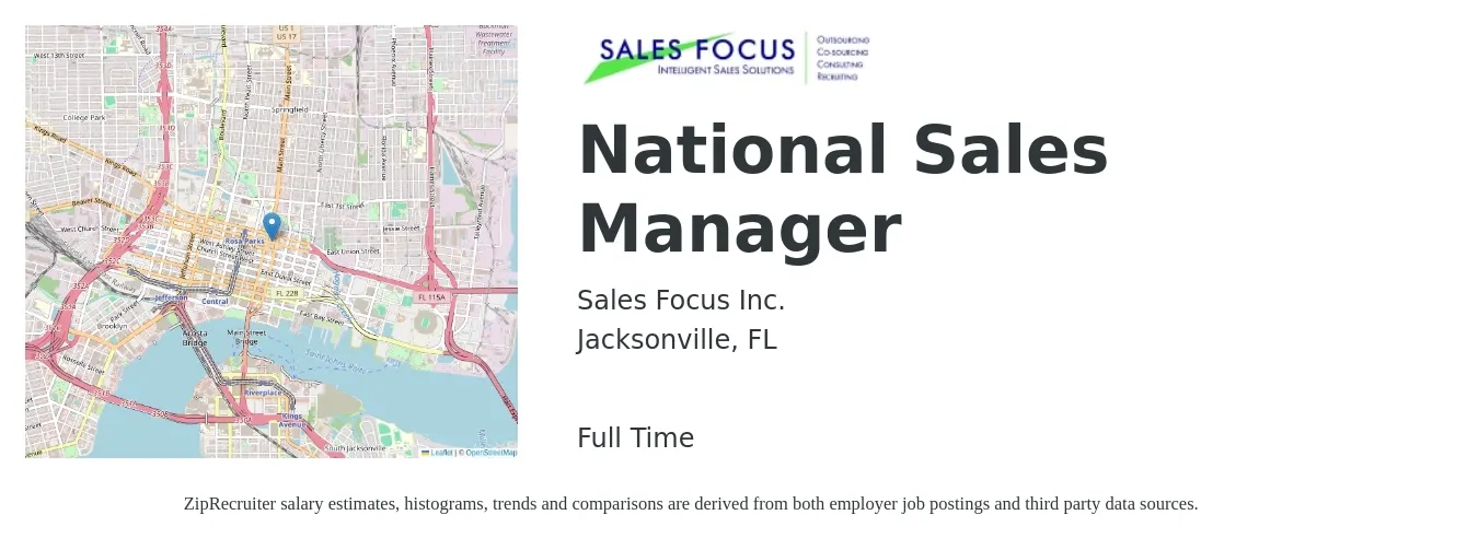 Sales Focus Inc. job posting for a National Sales Manager in Jacksonville, FL with a salary of $75,800 to $106,600 Yearly with a map of Jacksonville location.