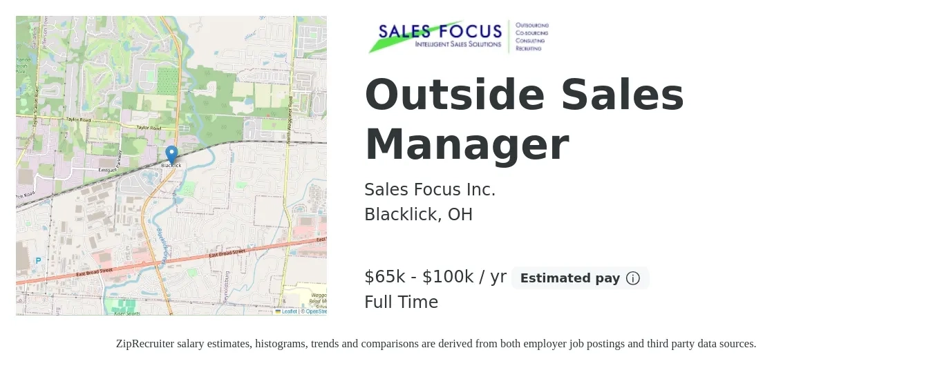 Sales Focus Inc. job posting for a Outside Sales Manager in Blacklick, OH with a salary of $65,000 to $100,000 Yearly with a map of Blacklick location.