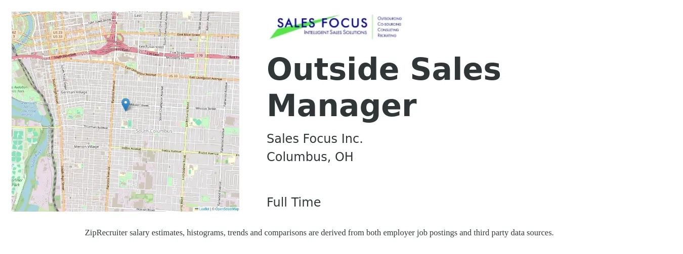 Sales Focus Inc. job posting for a Outside Sales Manager in Columbus, OH with a salary of $73,400 to $118,300 Yearly with a map of Columbus location.
